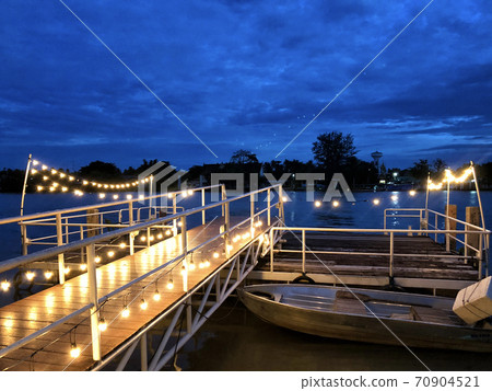 Wooden pier in Twilight, view river and fishing boat of Mahachai Samut Sakhon Thailand 70904521