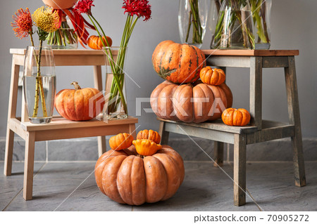 Autumn mood. Set of pumpkins and orange and red flowers for Interior decorations. The work of the florist at a flower shop. Fresh cut flower. 70905272