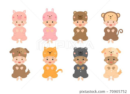 Cute happy baby daily life, baby dressed up as animal, animal clothes, cartoon comic illustration 70905752