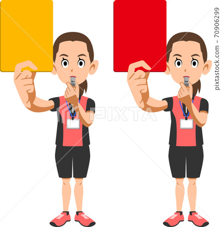 Female sports instructor showing yellow and red cards 70906299
