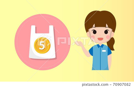 The supermarket staff sells plastic bags, buys plastic bags, environmental protection, female shop assistants, cartoon comic illustration combination 70907082