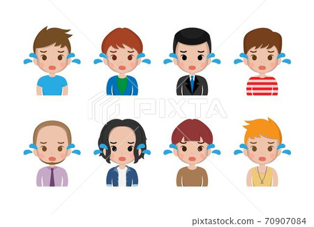 各式各樣的男人跟男孩,哭泣跟悲傷的面部表情,卡通漫畫插圖組合 70907084