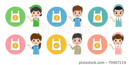 Salesperson, selling plastic bags, buying plastic bags, environmental protection, men and women clerk, Japanese law, cartoon illustration combination Salesperson, selling plastic bags, buying plastic bags, environmental protection, men and women clerk, Japanese law, cartoon illustration combination 70907219