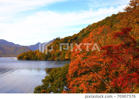 Autumn leaves scenery in front of the Chusonji lake boathouse Autumn leaves scenery in front of the Chusonji lake boathouse 70907376