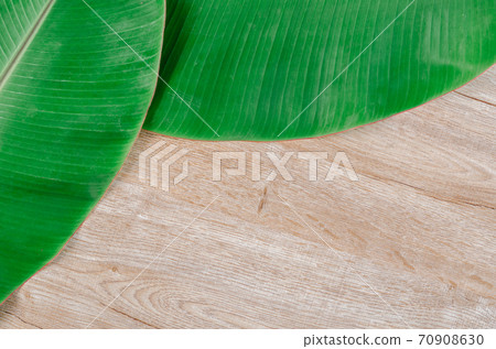 Blank wooden background with banana green leaves. 70908630