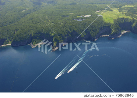 Shiretoko Five Lakes and the Sea Seen from the Sky (Shiretoko, Hokkaido) 70908946
