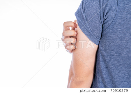 Male scratching his arm isolated white background. Medical, healthcare for advertising concept. Male scratching his arm isolated white background. Medical, healthcare for advertising concept. 70910279