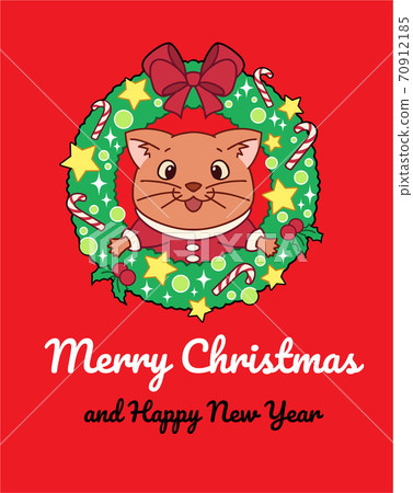 Christmas wreath with cute cat. Hand drawn vector illustration for greeting card. Christmas wreath with cute cat. Hand drawn vector illustration for greeting card. 70912185