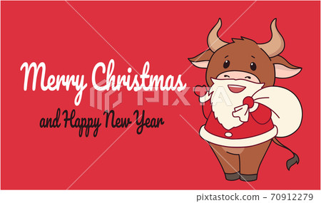 Cute ox wearing Santa costume. Christmas hand drawn vector illustration for greeting card. Cute ox wearing Santa costume. Christmas hand drawn vector illustration for greeting card. 70912279