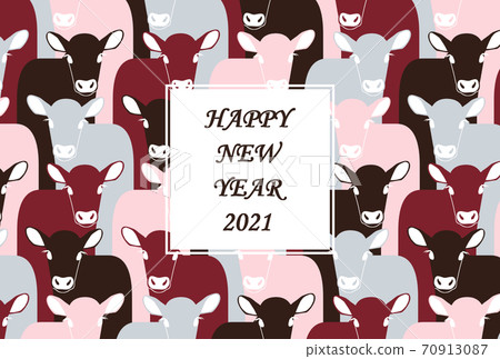 New Year's card template with cow pattern, red, black, pink, gray, horizontal type with letters 70913087