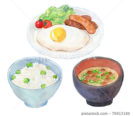 Watercolor illustration food breakfast sausage set meal 70913180