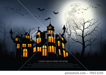 Castle, haunted house and ghost hands, tomb on full moon night. illustrator Vector Eps 10. 70913295