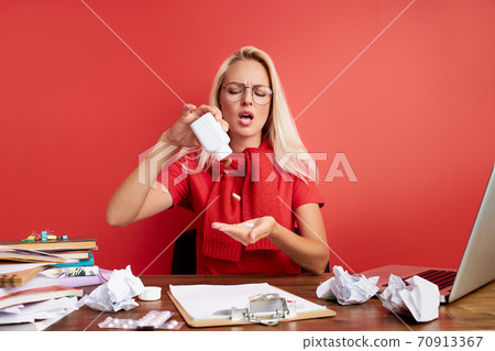 young beautiful sad and depressed caucasian manager working in stress at office computer desk young beautiful sad and depressed caucasian manager working in stress at office computer desk 70913367
