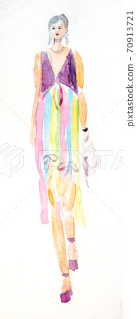 Watercolor hand drawn painting with a girl in a striped dress 70913721