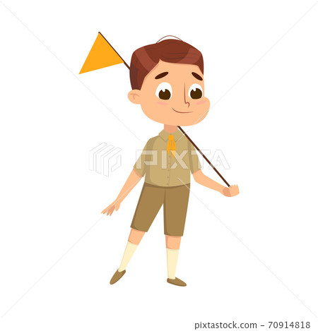 Cute Scout Boy with Flag, Scouting Child Character in Uniform, Summer Holiday Activities Concept Cartoon Style Vector Illustration Cute Scout Boy with Flag, Scouting Child Character in Uniform, Summer Holiday Activities Concept Cartoon Style Vector Illustration 70914818