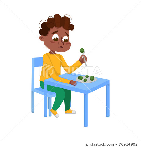 Cute African American Boy Eating Brussels Sprouts, Child Does Not Like Vegetables Cartoon Style Vector Illustration Cute African American Boy Eating Brussels Sprouts, Child Does Not Like Vegetables Cartoon Style Vector Illustration 70914902
