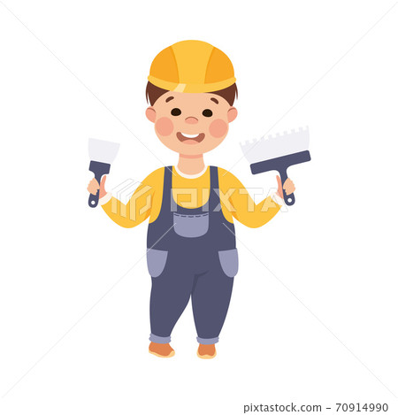 Cute Builder with Brush and Trowel, Little Boy Plasterer Character in Hard Hat and Blue Overalls with Construction Tools Cartoon Style Vector Illustration Cute Builder with Brush and Trowel, Little Boy Plasterer Character in Hard Hat and Blue Overalls with Construction Tools Cartoon Style Vector Illustration 70914990