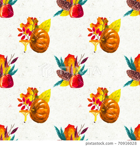 Autumn watercolor hand drawn seamless pattern with leaves mushrooms and pine cones Autumn watercolor hand drawn seamless pattern with leaves mushrooms and pine cones 70916028