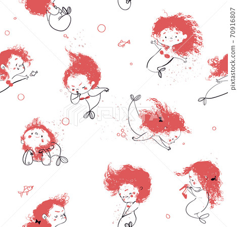 seamless pattern with cute cartoon little mermaid 70916807