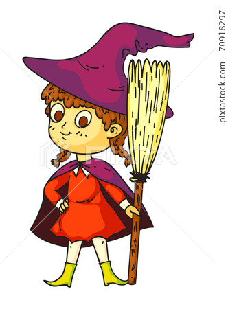 Pretty Halloween little witch with broom on white Pretty Halloween little witch with broom on white 70918297