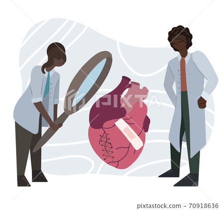 Flat illustration of a couple of African doctors examining a diseased heart through a magnifying glass. Scientists are studying heart disease. Drug invention. Flat illustration of a couple of African doctors examining a diseased heart through a magnifying glass. Scientists are studying heart disease. Drug invention. 70918636