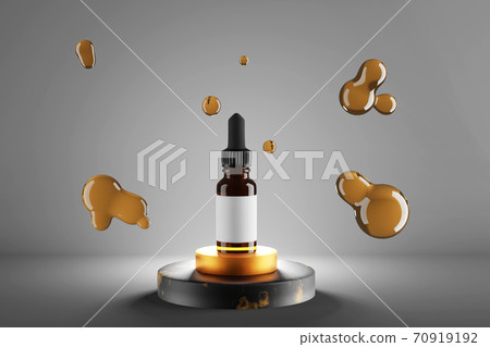 Glass brown bottle with essential oils and dropper. Dark studio with marble and golden podium. 3d Glass brown bottle with essential oils and dropper. Dark studio with marble and golden podium. 3d 70919192