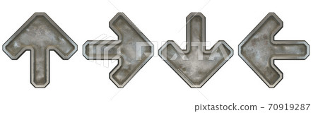 Set of symbols arrow up, right, to down, left arrow, dollar made of industrial metal on white background 3d 70919287