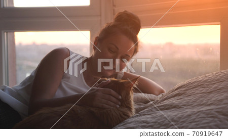 Young pretty woman lying on the bed with Maine Coon cat by the window during sunset time 70919647