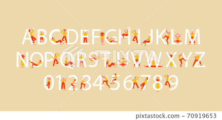 English alphabet font. Letters and numbers with flat people in different poses. little people standing and sitting near letters and numbers. ten numbers from zero to nine. Vector illustration. Eps 10. 70919653