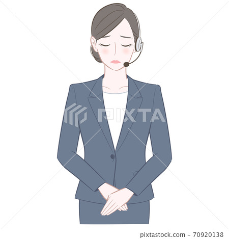 Illustration of a woman in a suit wearing a headset to apologize 70920138