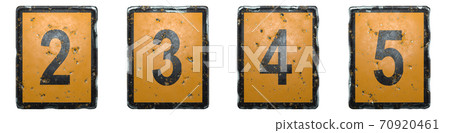 Set of numbers 2, 3, 4, 5 made of public road sign orange and black color on white background. 3d Set of numbers 2, 3, 4, 5 made of public road sign orange and black color on white background. 3d 70920461