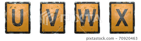 Set of capital letter U, V, W, X made of public road sign orange and black color on white background. 3d 70920463