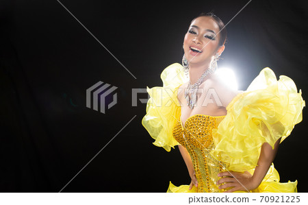 Woman in Cabaret Carnival Fancy Dress Gown with glitter, luxury decoration Woman in Cabaret Carnival Fancy Dress Gown with glitter, luxury decoration 70921225