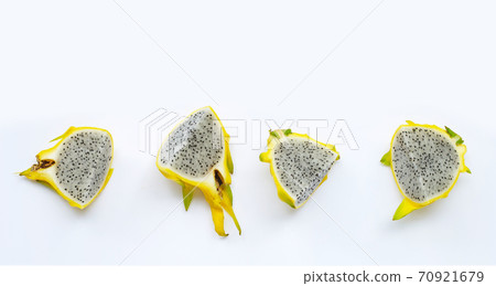Yellow pitahaya or dragon fruit on white background. Copy space 70921679
