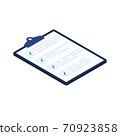 Isometric checklist vector illustration. Pad with sheets of paper and a list of tasks with checkboxes that are checked with a green check mark. 70923858