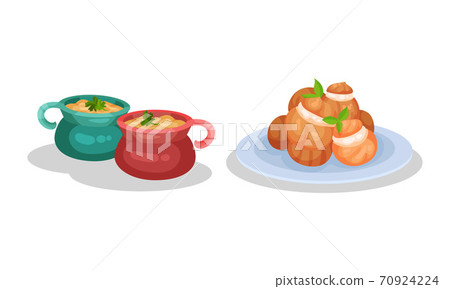 French Cuisine Dishes with Julienne in Pot and Profiterole Served on Plate Vector Set French Cuisine Dishes with Julienne in Pot and Profiterole Served on Plate Vector Set 70924224
