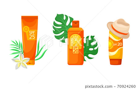 Bottles of Sunscreen Lotion with Sun Filter and Tropical Leaf Vector Set Bottles of Sunscreen Lotion with Sun Filter and Tropical Leaf Vector Set 70924260
