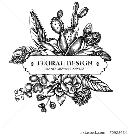 Floral bouquet design with black and white ficus, iresine, kalanchoe, calathea, guzmania, cactus Floral bouquet design with black and white ficus, iresine, kalanchoe, calathea, guzmania, cactus 70928684