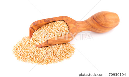 Amaranth seeds in wooden scoop, isolated on white background. Organic dry raw amaranth beans. Amaranth seeds in wooden scoop, isolated on white background. Organic dry raw amaranth beans. 70930104