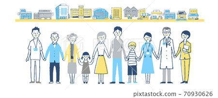 Family and medical staff holding hands Cityscape 70930626