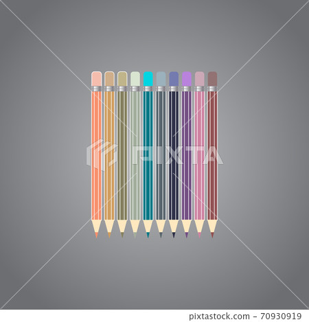 Varicolored color pencils set isolated on gray background. Office supplies. 70930919