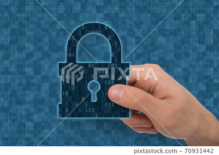 Illustration of hand holding closed padlock with keyhole icon Illustration of hand holding closed padlock with keyhole icon 70931442