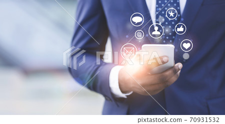 Black businessman promoting his company online, working on brand awareness in social media, collage with copy space Black businessman promoting his company online, working on brand awareness in social media, collage with copy space 70931532