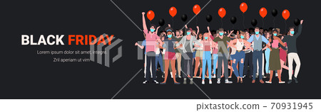 mix race people in masks standing with raised up hands men women having fun black friday big sale 70931945
