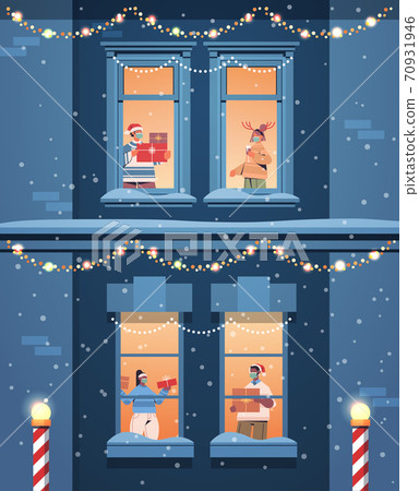 people in santa hats holding gifts mix race neighbors standing in window frames new year christmas holidays people in santa hats holding gifts mix race neighbors standing in window frames new year christmas holidays 70931946