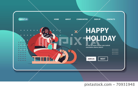african american santa in protective mask riding sledge happy new year merry christmas holidays celebration african american santa in protective mask riding sledge happy new year merry christmas holidays celebration 70931948