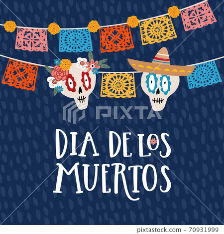 Mexican holiday Dia de los Muertos, Day of Dead greeting card, invitation. Floral garland with ornamental human sk ulls and cut party flags. Vector illustration background Flat design. 70931999