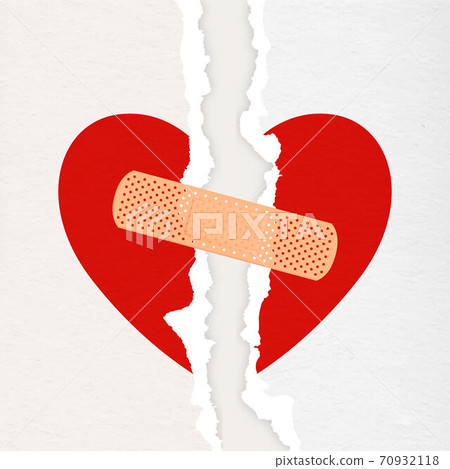 Vector Realistic Paper Textured Torn Heart with Medical Patch Closeup Isolated on White Background. Broken Heart, Divorce, Valentines Day, Relationship Concept. Paper Art Vector Realistic Paper Textured Torn Heart with Medical Patch Closeup Isolated on White Background. Broken Heart, Divorce, Valentines Day, Relationship Concept. Paper Art 70932118