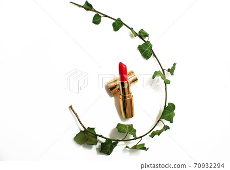Red lipstick in gold tube with green leaves on branch on white background. Copy space, close-up Red lipstick in gold tube with green leaves on branch on white background. Copy space, close-up 70932294