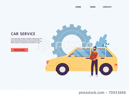 Car service website with auto mechanic male character, flat vector illustration. 70933666